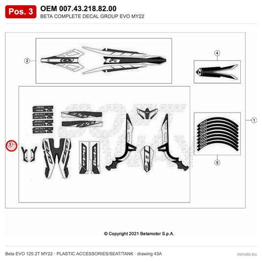 BETA COMPLETE DECAL GROUP EVO MY22 – OEM 007.43.218.82.00, position 3 on the Beta EVO 125 2T MY22 plastic accessories/seat/tank drawing
