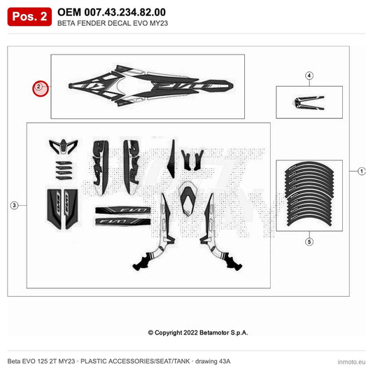 BETA FENDER DECAL EVO MY23 – OEM 007.43.234.82.00, position 2 on the Beta EVO 125 2T MY23 plastic accessories/seat/tank drawing