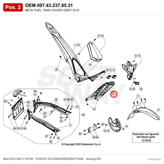 BETA FUEL TANK COVER GREY EVO – OEM 007.43.237.85.31, position 2 on the Beta EVO 300 4T MY26 plastic accessories/seat/tank drawing