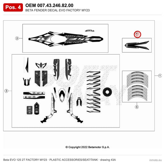 BETA FENDER DECAL EVO FACTORY MY23 – OEM 007.43.246.82.00, position 4 on the Beta EVO 125 2T FACTORY MY23 plastic accessories/seat/tank drawing