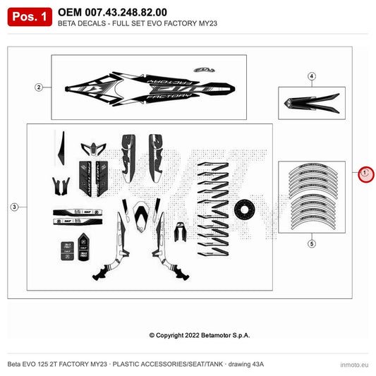 BETA DECALS - FULL SET EVO FACTORY MY23 – OEM 007.43.248.82.00, position 1 on the Beta EVO 125 2T FACTORY MY23 plastic accessories/seat/tank drawing