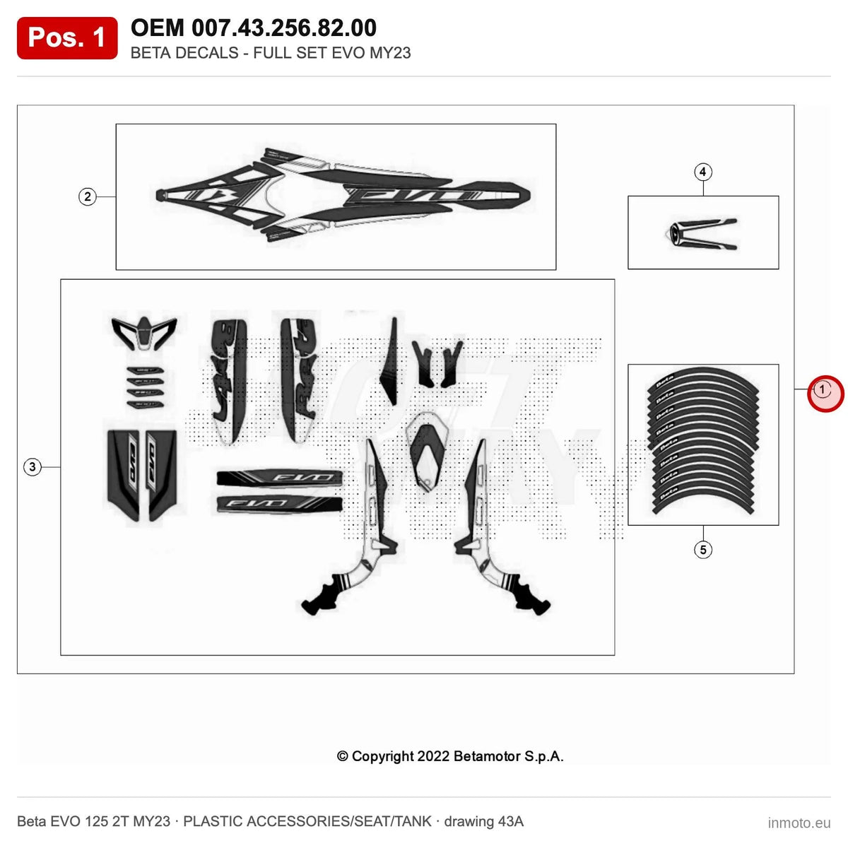 BETA DECALS - FULL SET EVO MY23 – OEM 007.43.256.82.00, position 1 on the Beta EVO 125 2T MY23 plastic accessories/seat/tank drawing