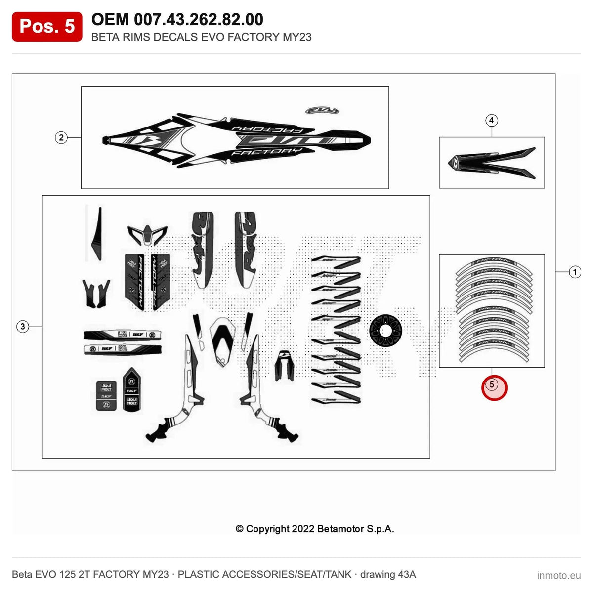 BETA RIMS DECALS EVO FACTORY MY23 – OEM 007.43.262.82.00, position 5 on the Beta EVO 125 2T FACTORY MY23 plastic accessories/seat/tank drawing