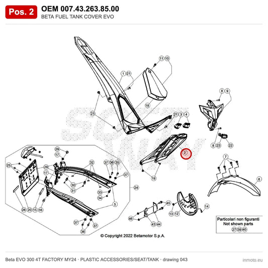 BETA FUEL TANK COVER EVO – OEM 007.43.263.85.00, position 2 on the Beta EVO 300 4T FACTORY MY24 plastic accessories/seat/tank drawing