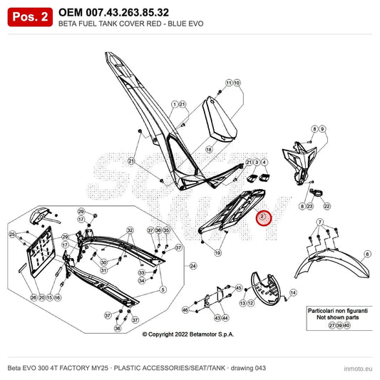 BETA FUEL TANK COVER RED - BLUE EVO – OEM 007.43.263.85.32, position 2 on the Beta EVO 300 4T FACTORY MY25 plastic accessories/seat/tank drawing