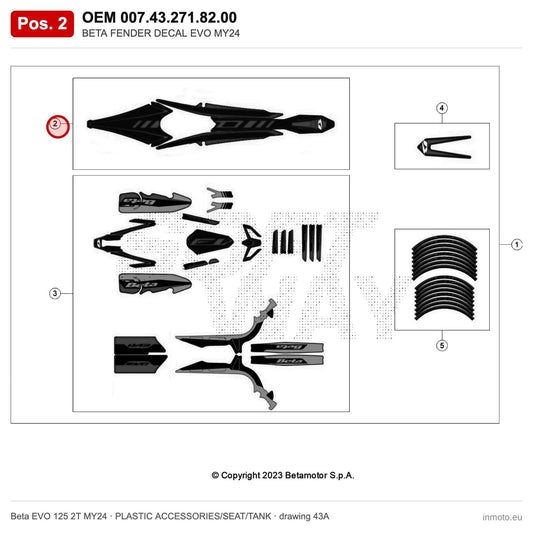 BETA FENDER DECAL EVO MY24 – OEM 007.43.271.82.00, position 2 on the Beta EVO 125 2T MY24 plastic accessories/seat/tank drawing