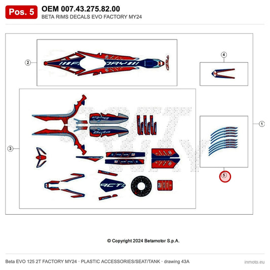BETA RIMS DECALS EVO FACTORY MY24 – OEM 007.43.275.82.00, position 5 on the Beta EVO 125 2T FACTORY MY24 plastic accessories/seat/tank drawing
