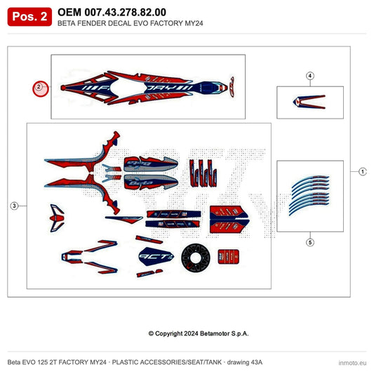 BETA FENDER DECAL EVO FACTORY MY24 – OEM 007.43.278.82.00, position 2 on the Beta EVO 125 2T FACTORY MY24 plastic accessories/seat/tank drawing