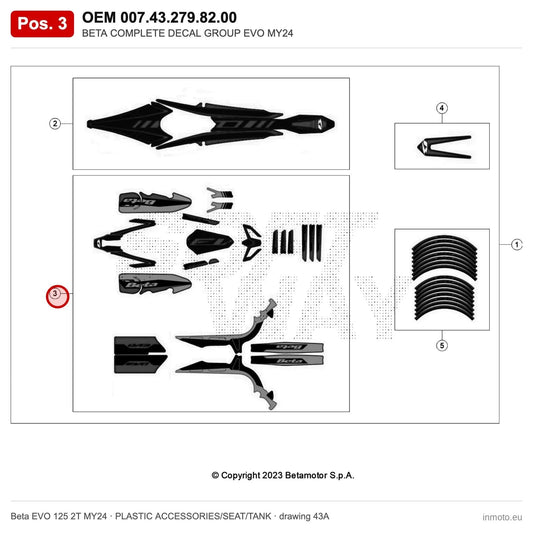 BETA COMPLETE DECAL GROUP EVO MY24 – OEM 007.43.279.82.00, position 3 on the Beta EVO 125 2T MY24 plastic accessories/seat/tank drawing