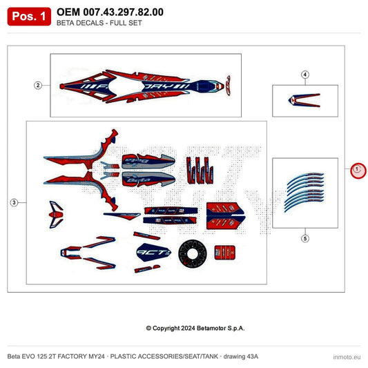 BETA DECALS - FULL SET EVO FACTORY MY24 – OEM 007.43.297.82.00, position 1 on the Beta EVO 125 2T FACTORY MY24 plastic accessories/seat/tank drawing