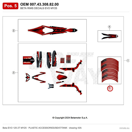 BETA RIMS DECALS EVO MY25 – OEM 007.43.308.82.00, position 5 on the Beta EVO 125 2T MY25 plastic accessories/seat/tank drawing