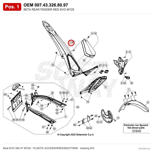 BETA REAR FENDER RED EVO MY25 – OEM 007.43.326.80.97, position 1 on the Beta EVO 300 4T MY25 plastic accessories/seat/tank drawing