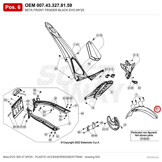 BETA FRONT FENDER BLACK EVO MY25 – OEM 007.43.327.81.59, position 6 on the Beta EVO 300 4T MY25 plastic accessories/seat/tank drawing