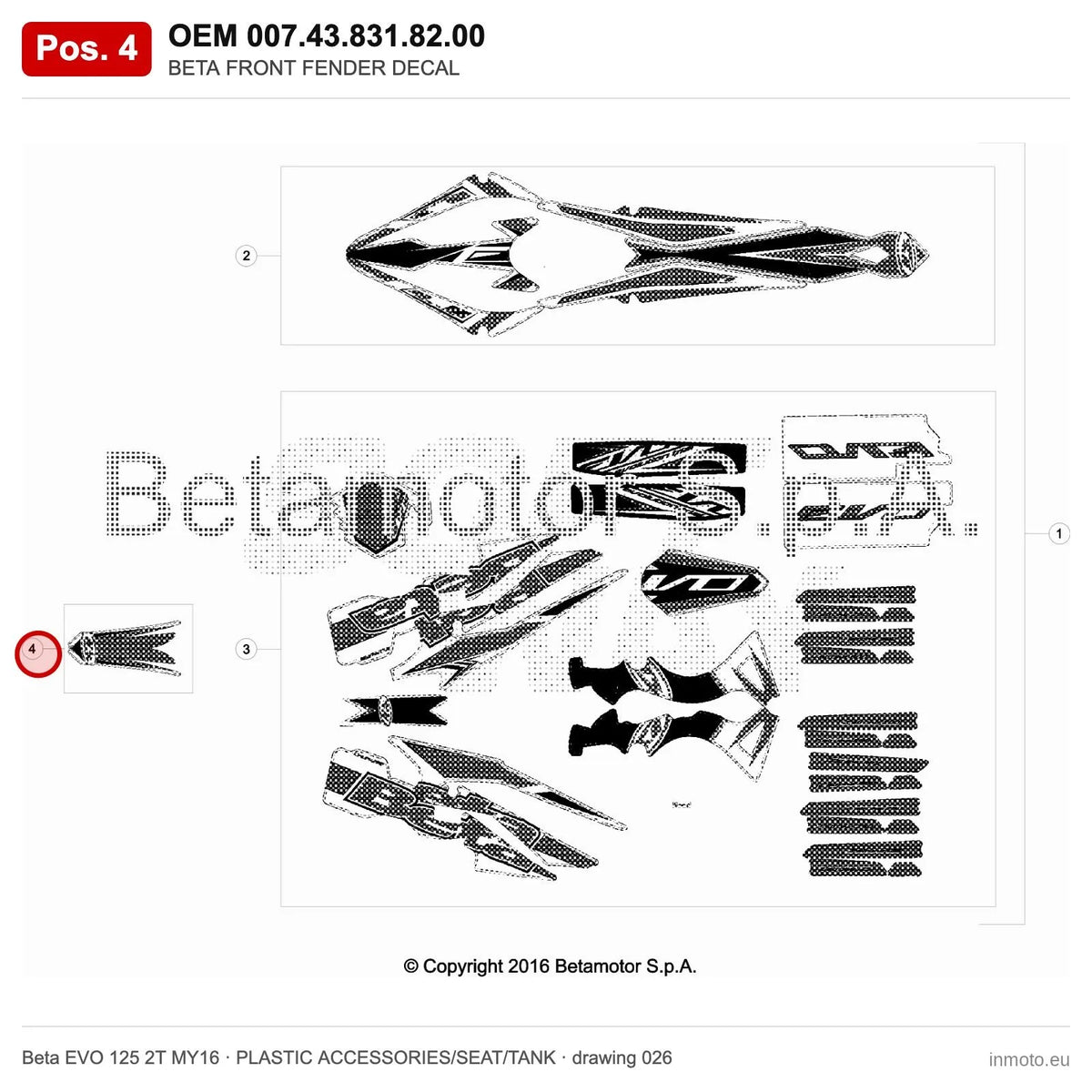 BETA FRONT FENDER DECAL – OEM 007.43.831.82.00, position 4 on the Beta EVO 125 2T MY16 plastic accessories/seat/tank drawing