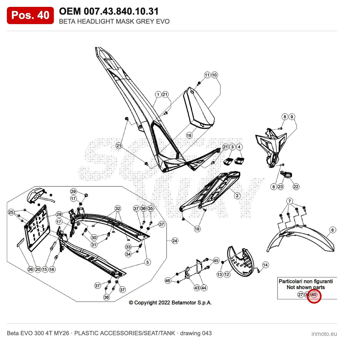 BETA HEADLIGHT MASK GREY EVO – OEM 007.43.840.10.31, position 40 on the Beta EVO 300 4T MY26 plastic accessories/seat/tank drawing