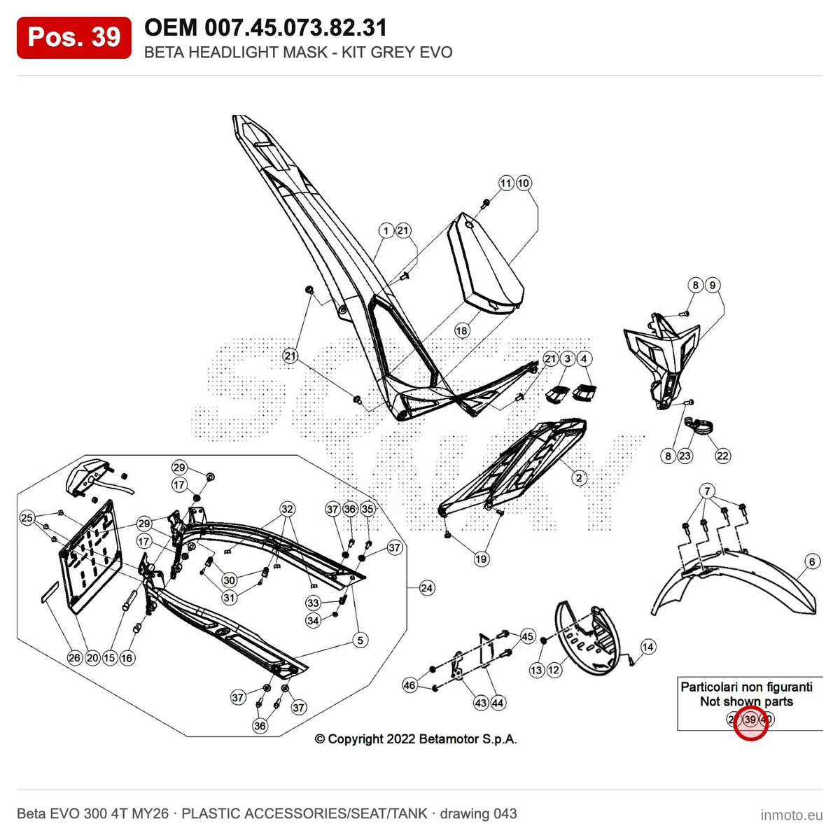 BETA HEADLIGHT MASK - KIT GREY EVO – OEM 007.45.073.82.31, position 39 on the Beta EVO 300 4T MY26 plastic accessories/seat/tank drawing