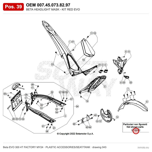 BETA HEADLIGHT MASK - KIT RED EVO – OEM 007.45.073.82.97, position 39 on the Beta EVO 300 4T FACTORY MY24 plastic accessories/seat/tank drawing