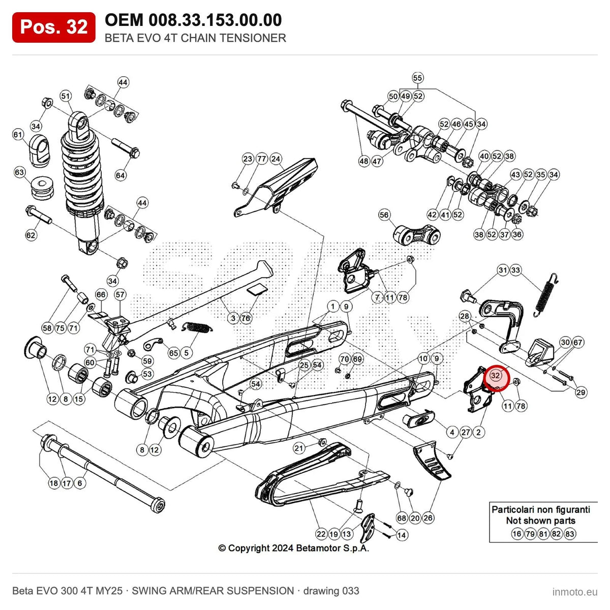 BETA EVO 4T CHAIN TENSIONER – OEM 008.33.153.00.00, position 32 on the Beta EVO 300 4T MY25 swing arm/rear suspension drawing