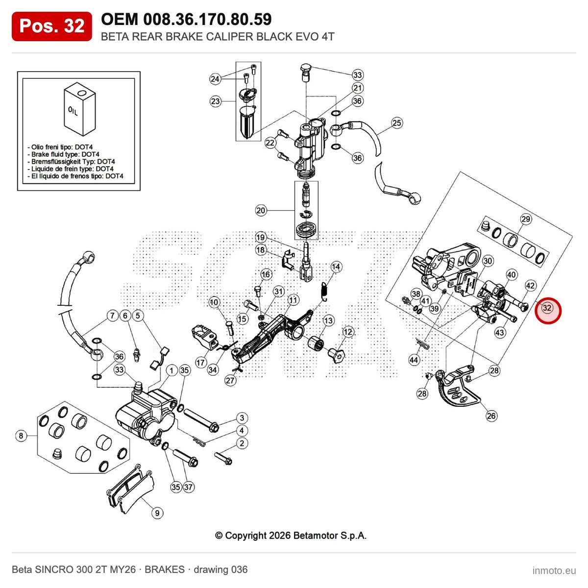 BETA REAR BRAKE CALIPER BLACK EVO 4T – OEM 008.36.170.80.59, position 32 on the Beta SINCRO 300 2T MY26 brakes drawing