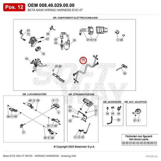 BETA MAIN WIRING HARNESS EVO 4T – OEM 008.40.029.00.00, position 12 on the Beta EVO 300 4T MY25 wiring harness drawing