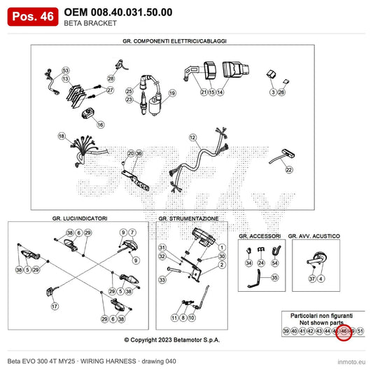BETA BRACKET – OEM 008.40.031.50.00, position 46 on the Beta EVO 300 4T MY25 wiring harness drawing
