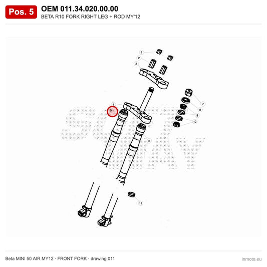 BETA R10 FORK RIGHT LEG + ROD MY'12 – OEM 011.34.020.00.00, position 5 on the Beta MINI 50 AIR MY12 front fork drawing