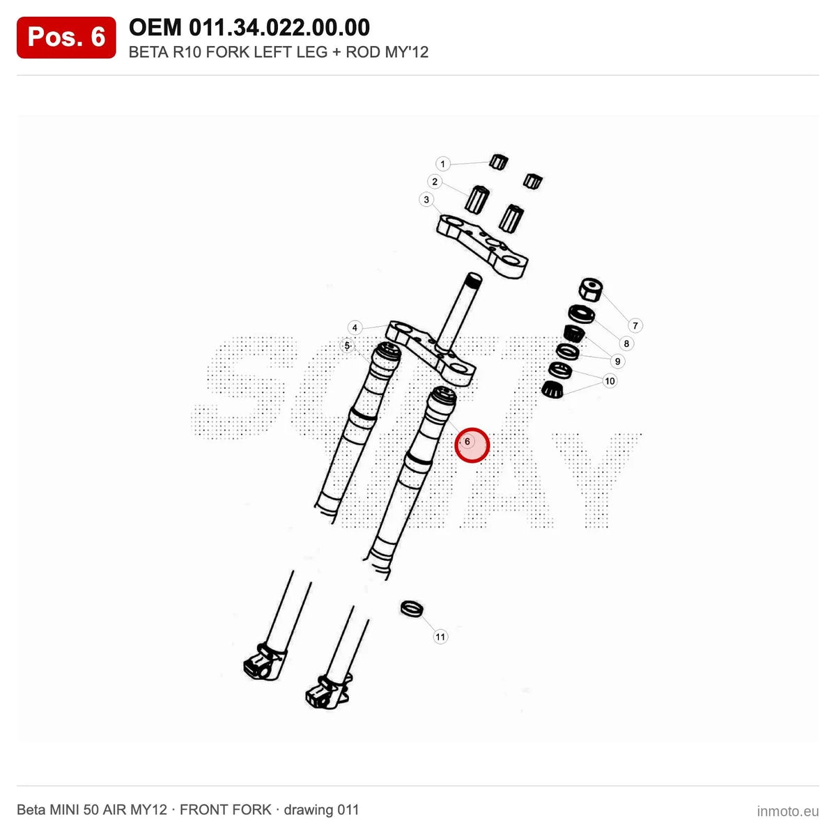BETA R10 FORK LEFT LEG + ROD MY'12 – OEM 011.34.022.00.00, position 6 on the Beta MINI 50 AIR MY12 front fork drawing