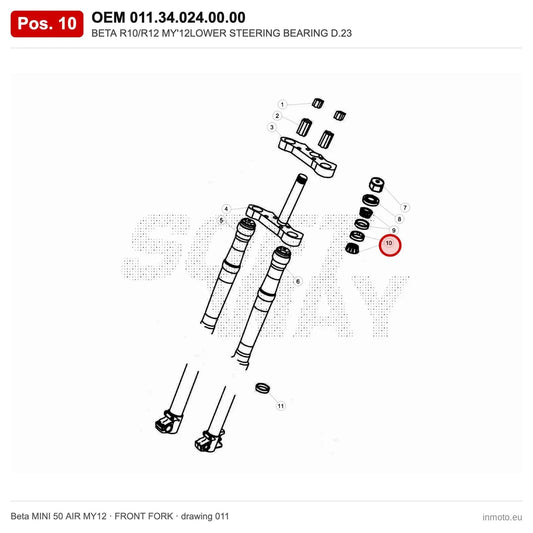 BETA R10/R12 MY'12LOWER STEERING BEARING D.23 – OEM 011.34.024.00.00, position 10 on the Beta MINI 50 AIR MY12 front fork drawing