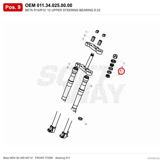 BETA R10/R12 '12 UPPER STEERING BEARING D.22 – OEM 011.34.025.00.00, position 9 on the Beta MINI 50 AIR MY12 front fork drawing