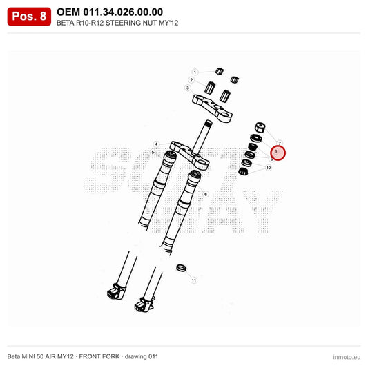 BETA R10-R12 STEERING NUT MY'12 – OEM 011.34.026.00.00, position 8 on the Beta MINI 50 AIR MY12 front fork drawing