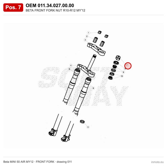 BETA FRONT FORK NUT R10-R12 MY'12 – OEM 011.34.027.00.00, position 7 on the Beta MINI 50 AIR MY12 front fork drawing