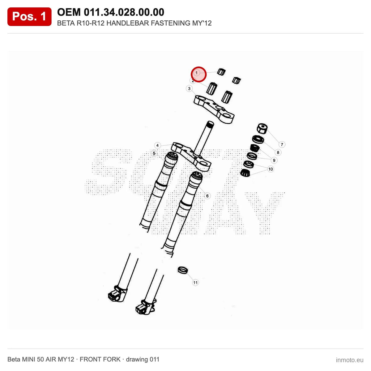 BETA R10-R12 HANDLEBAR FASTENING MY'12 – OEM 011.34.028.00.00, position 1 on the Beta MINI 50 AIR MY12 front fork drawing