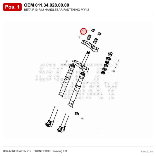 BETA R10-R12 HANDLEBAR FASTENING MY'12 – OEM 011.34.028.00.00, position 1 on the Beta MINI 50 AIR MY12 front fork drawing
