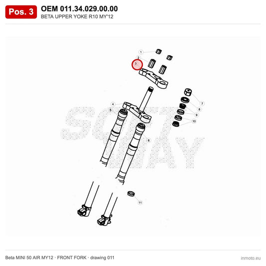 BETA UPPER YOKE R10 MY'12 – OEM 011.34.029.00.00, position 3 on the Beta MINI 50 AIR MY12 front fork drawing