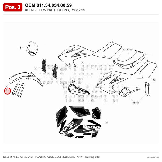 BETA BELLOW PROTECTIONS, R10/12/150 – OEM 011.34.034.00.59, position 3 on the Beta MINI 50 AIR MY12 plastic accessories/seat/tank drawing