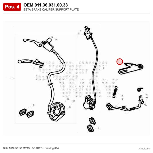 BETA BRAKE CALIPER SUPPORT PLATE – OEM 011.36.031.00.33, position 4 on the Beta MINI 50 LC MY15 brakes drawing
