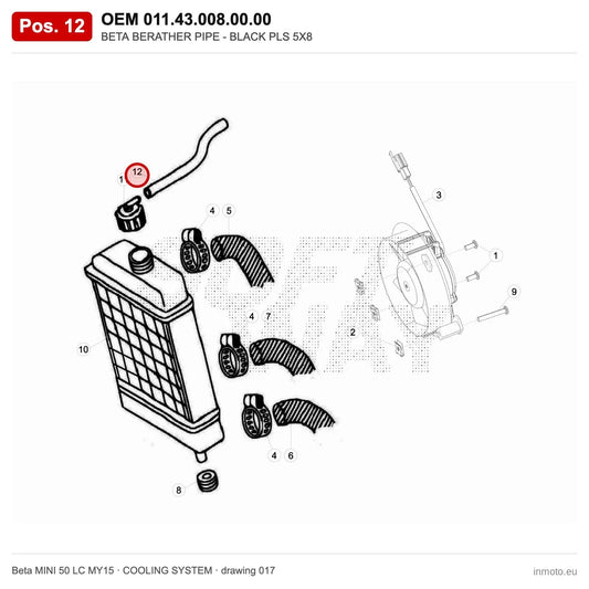 BETA BERATHER PIPE - BLACK PLS 5X8 – OEM 011.43.008.00.00, position 12 on the Beta MINI 50 LC MY15 cooling system drawing