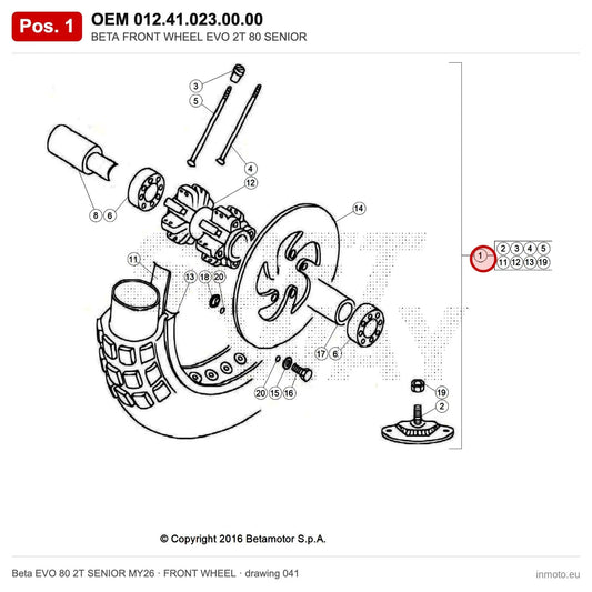 BETA FRONT WHEEL EVO 2T 80 SENIOR – OEM 012.41.023.00.00, position 1 on the Beta EVO 80 2T SENIOR MY26 front wheel drawing