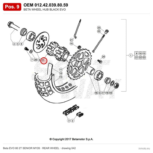 BETA WHEEL HUB BLACK EVO – OEM 012.42.039.80.59, position 9 on the Beta EVO 80 2T SENIOR MY26 rear wheel drawing