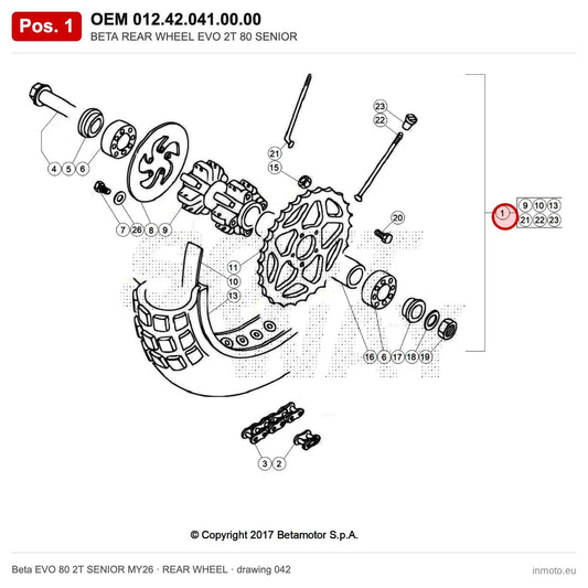 BETA REAR WHEEL EVO 2T 80 SENIOR – OEM 012.42.041.00.00, position 1 on the Beta EVO 80 2T SENIOR MY26 rear wheel drawing