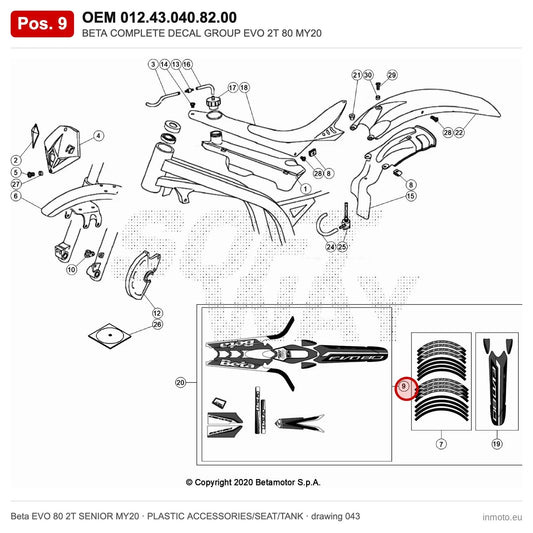 BETA COMPLETE DECAL GROUP EVO 2T 80 MY20 – OEM 012.43.040.82.00, position 9 on the Beta EVO 80 2T SENIOR MY20 plastic accessories/seat/tank drawing