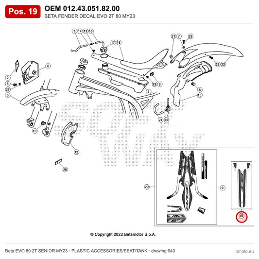 BETA FENDER DECAL EVO 2T 80 MY23 – OEM 012.43.051.82.00, position 19 on the Beta EVO 80 2T SENIOR MY23 plastic accessories/seat/tank drawing