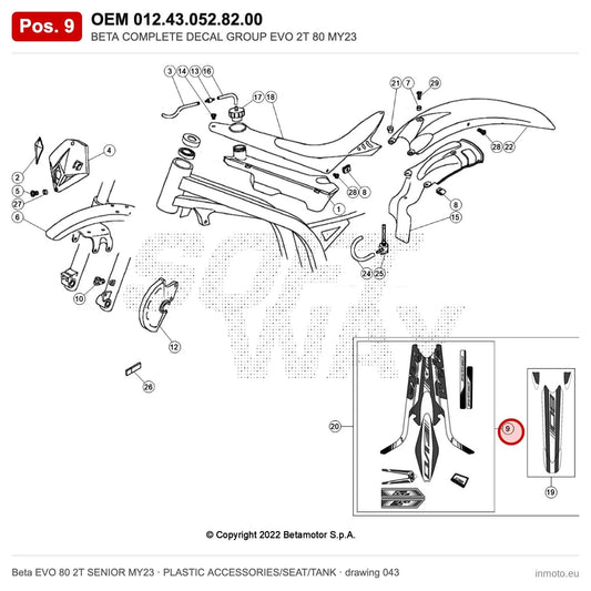BETA COMPLETE DECAL GROUP EVO 2T 80 MY23 – OEM 012.43.052.82.00, position 9 on the Beta EVO 80 2T SENIOR MY23 plastic accessories/seat/tank drawing