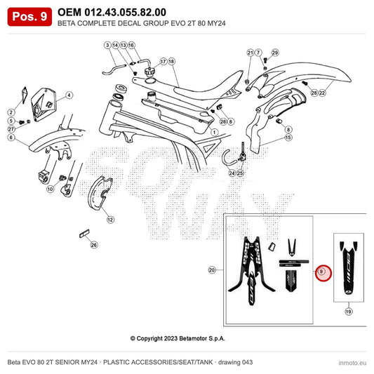 BETA COMPLETE DECAL GROUP EVO 2T 80 MY24 – OEM 012.43.055.82.00, position 9 on the Beta EVO 80 2T SENIOR MY24 plastic accessories/seat/tank drawing