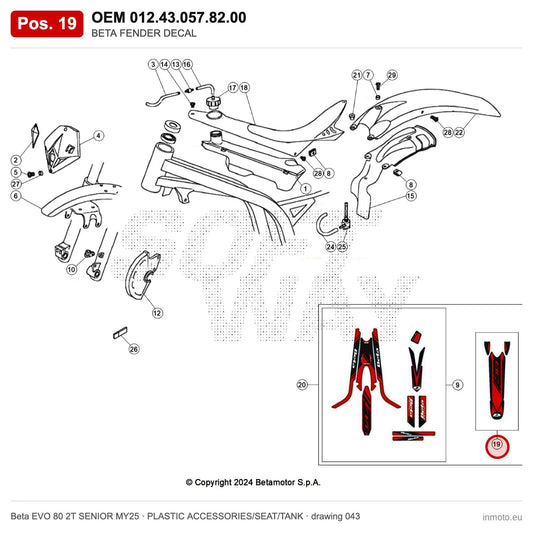 BETA FENDER DECAL EVO 2T 80 MY25 – OEM 012.43.057.82.00, position 19 on the Beta EVO 80 2T SENIOR MY25 plastic accessories/seat/tank drawing