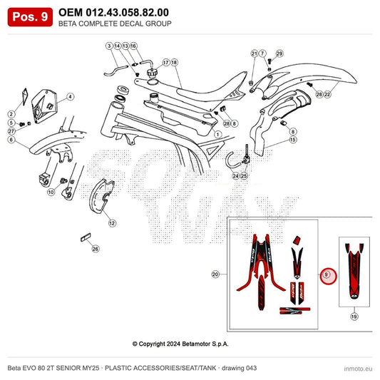 BETA COMPLETE DECAL GROUP EVO 2T 80 MY25 – OEM 012.43.058.82.00, position 9 on the Beta EVO 80 2T SENIOR MY25 plastic accessories/seat/tank drawing