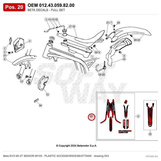 BETA DECALS - FULL SET EVO 2T 80 MY25 – OEM 012.43.059.82.00, position 20 on the Beta EVO 80 2T SENIOR MY25 plastic accessories/seat/tank drawing