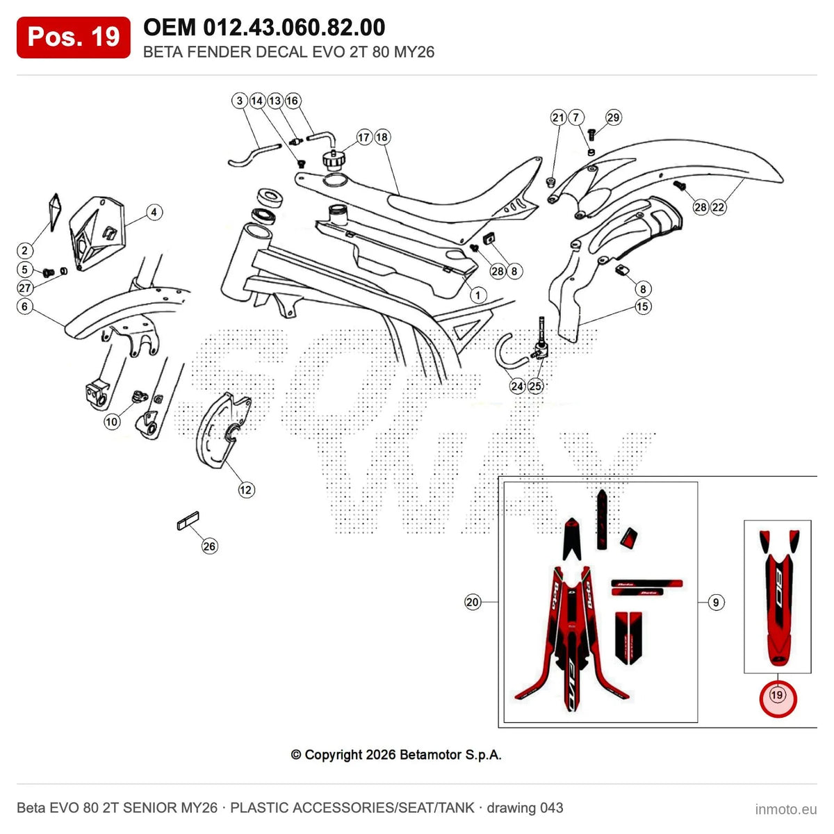 BETA FENDER DECAL EVO 2T 80 MY26 – OEM 012.43.060.82.00, position 19 on the Beta EVO 80 2T SENIOR MY26 plastic accessories/seat/tank drawing