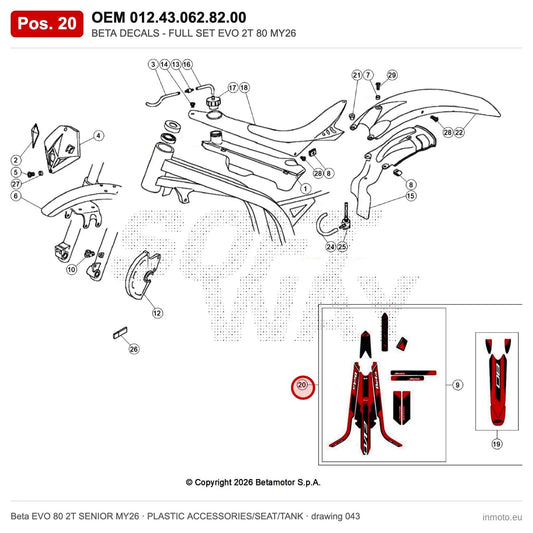 BETA DECALS - FULL SET EVO 2T 80 MY26 – OEM 012.43.062.82.00, position 20 on the Beta EVO 80 2T SENIOR MY26 plastic accessories/seat/tank drawing