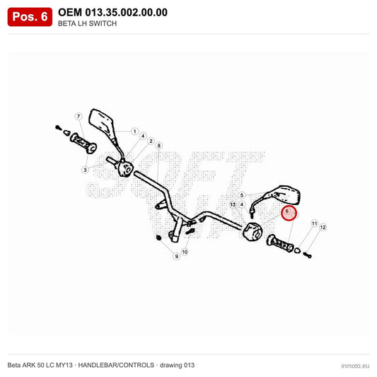 BETA LH SWITCH – OEM 013.35.002.00.00, position 6 on the Beta ARK 50 LC MY13 handlebar/controls drawing